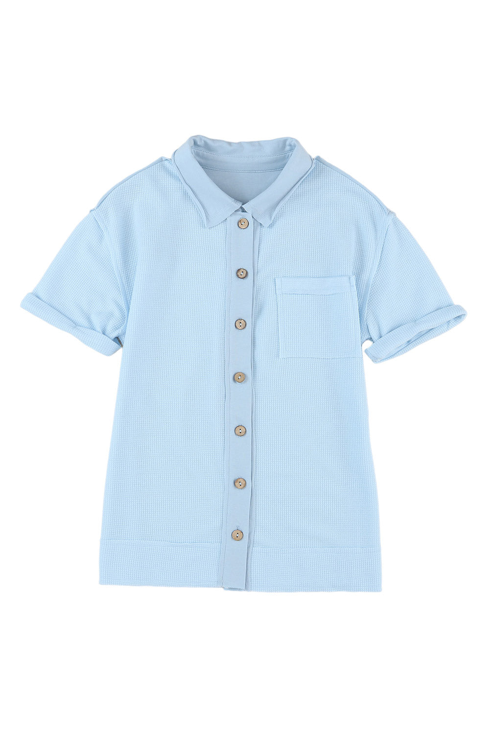 Nebesno modra pletena srajca s kratkimi rokavi in ​​gumbi iz vaflja