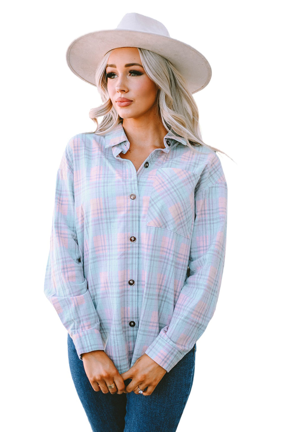 Pink Collared Neckline Plaid Pattern Long Sleeve Shirt