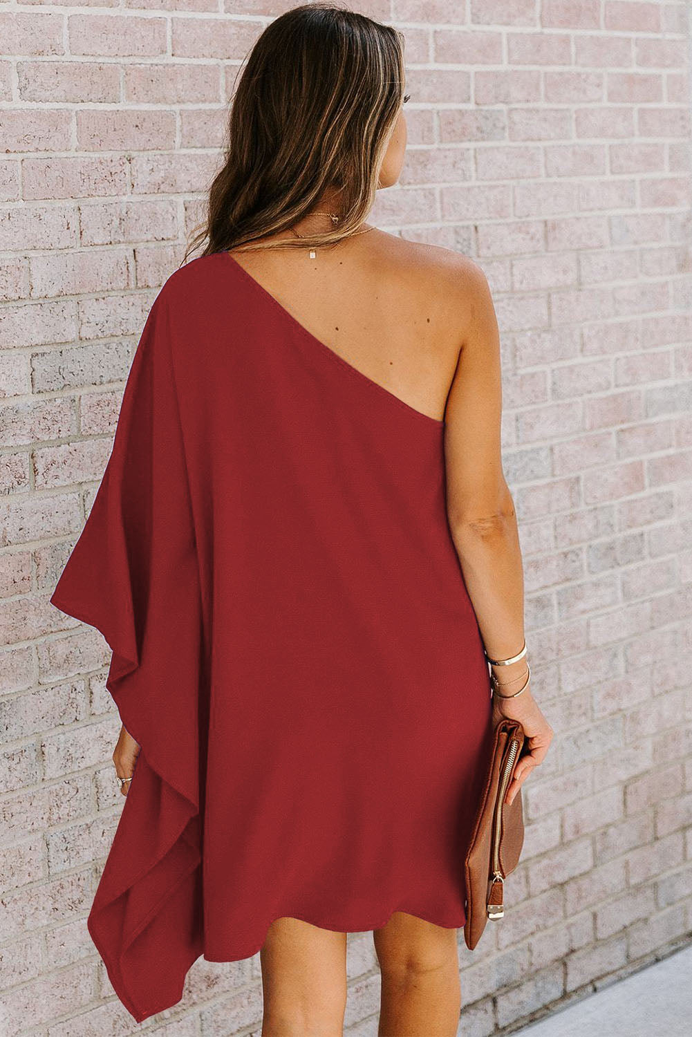 Red Solid Color One Shoulder Batwing Sleeve Mini Dress