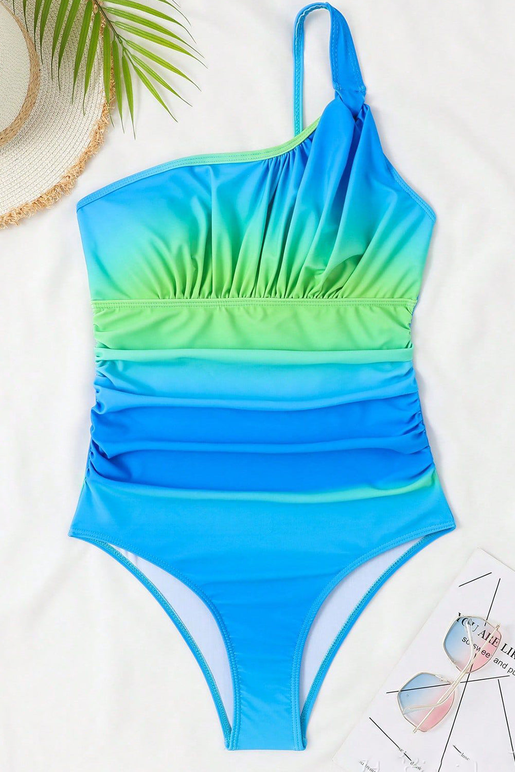 Maillot de bain Teddy asymétrique asymétrique froncé dégradé bleu ciel