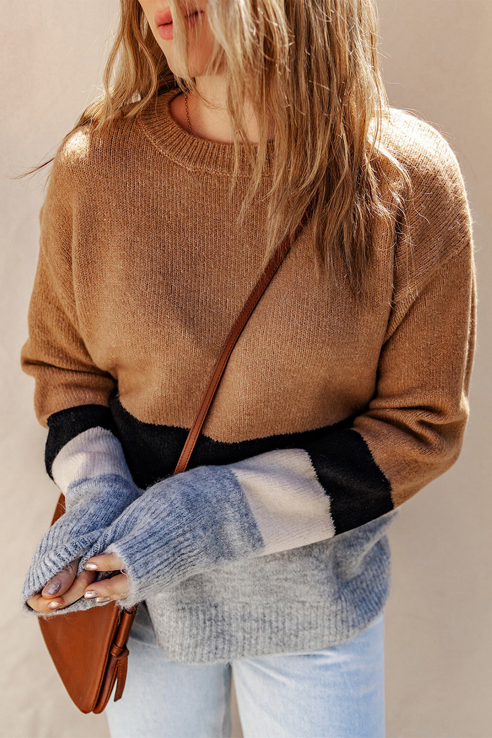Brown Color Block Striped Ribbed Knit Sweater