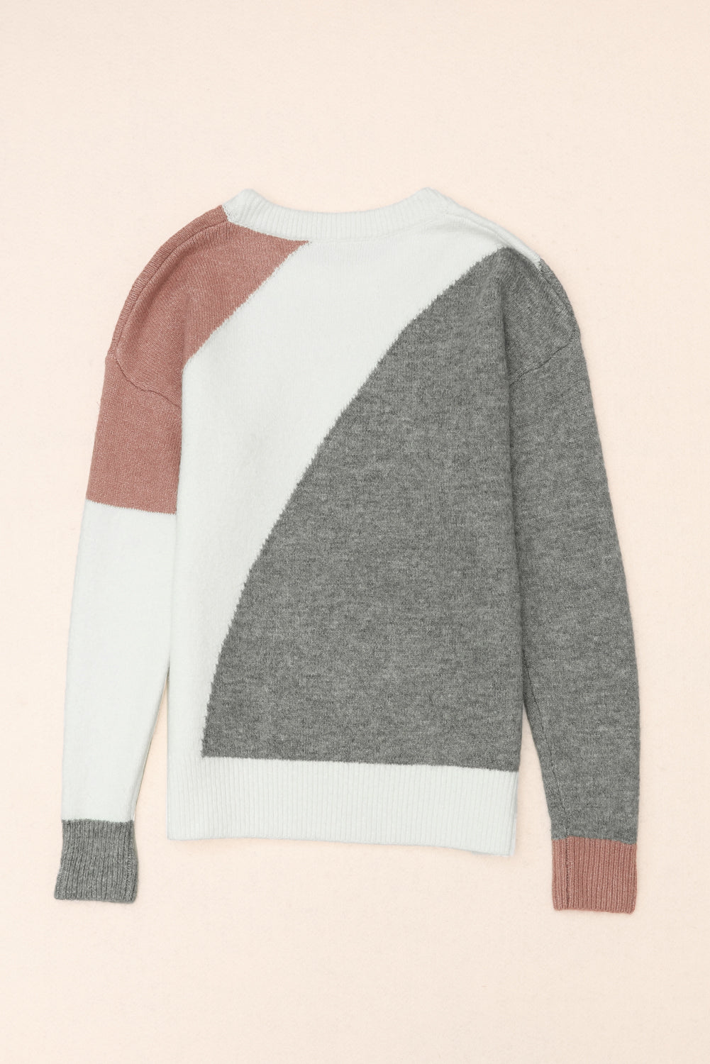 Grauer Colorblock-Pullover mit geripptem Rand und Rundhalsausschnitt
