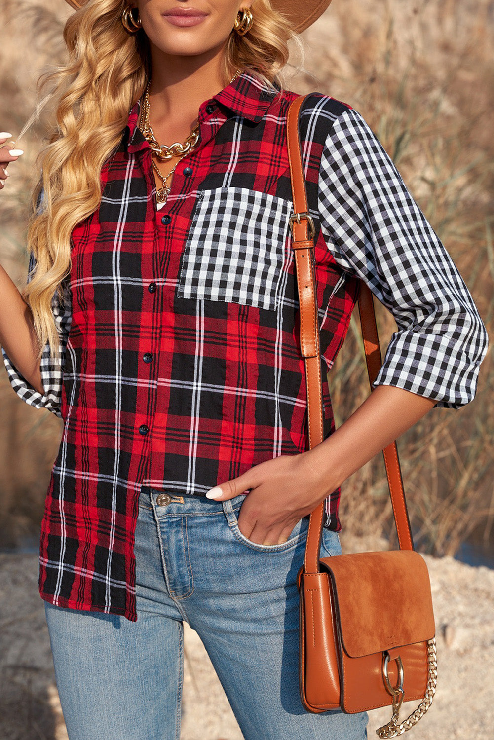Fiery Red Plaid Splicing Hit Color Pockets Turndown Collar Long Sleeve Shirt
