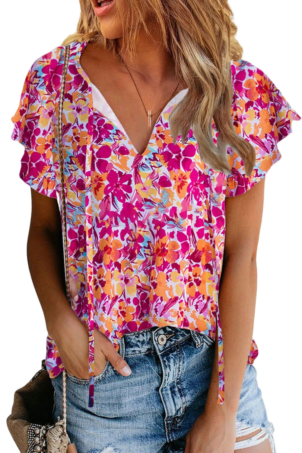 Fiery Red Flutter Sleeves Floral Print Top