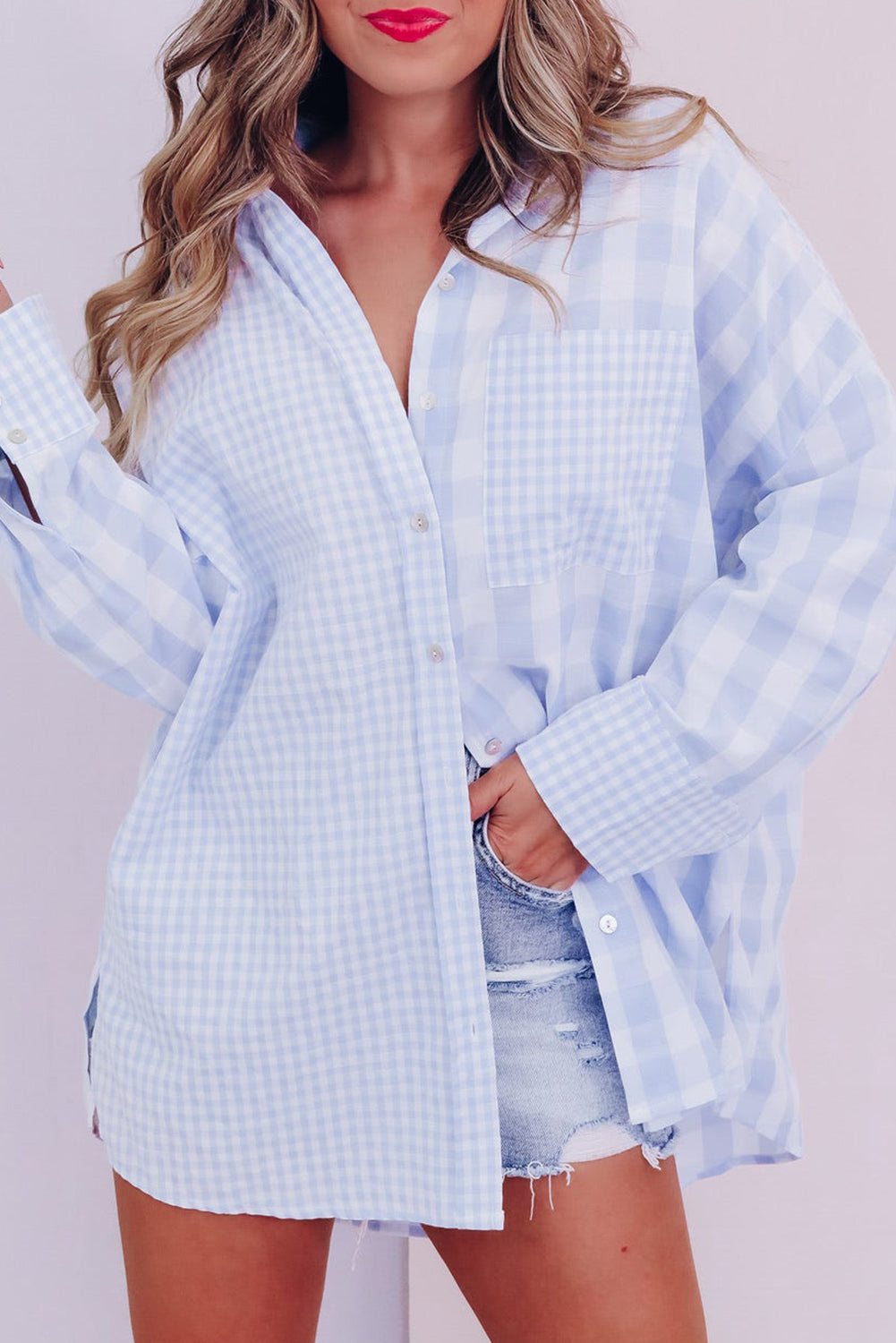 Camicia a maniche lunghe patchwork a quadri mix azzurro cielo