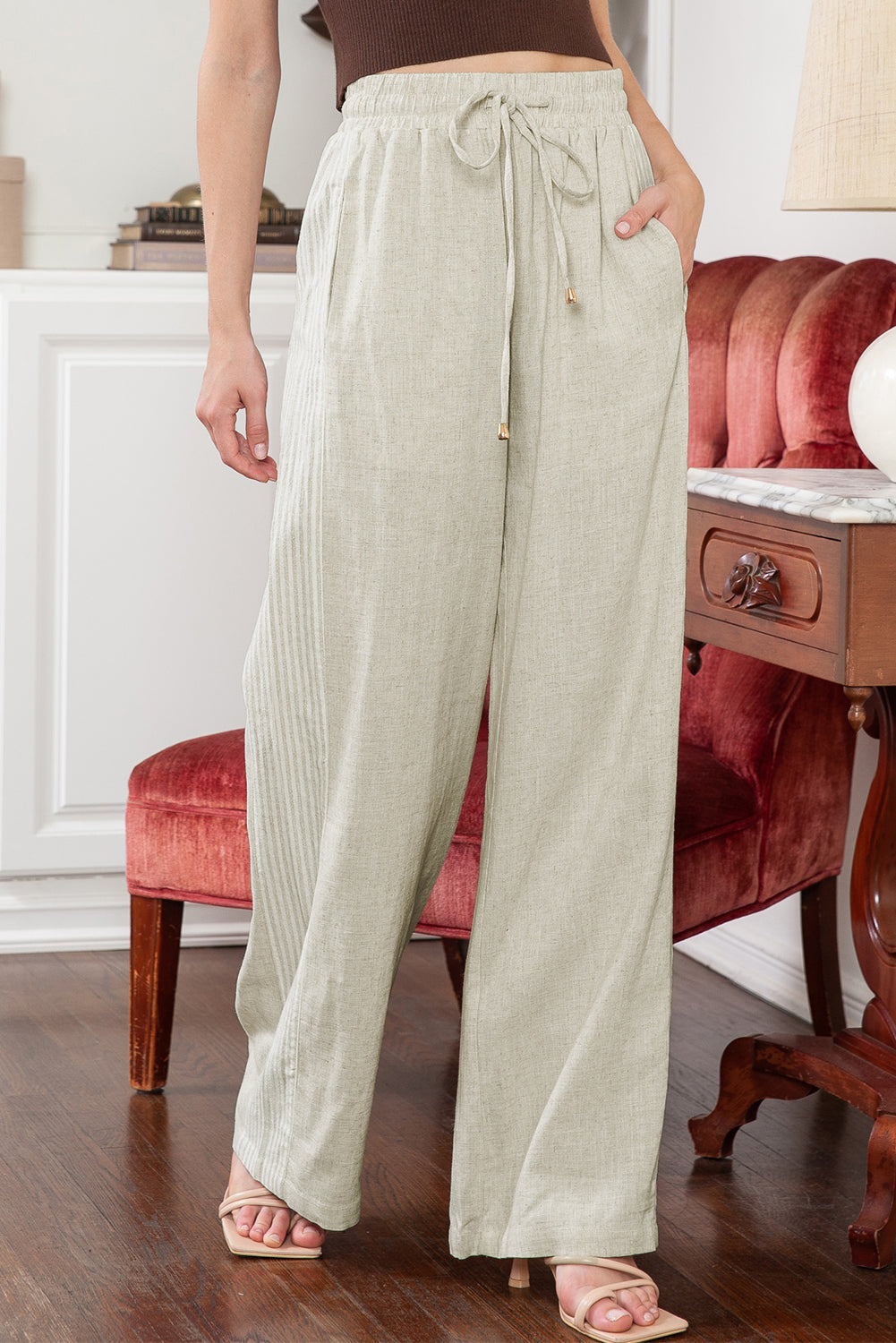 Pantaloni di lino con coulisse patchwork a righe