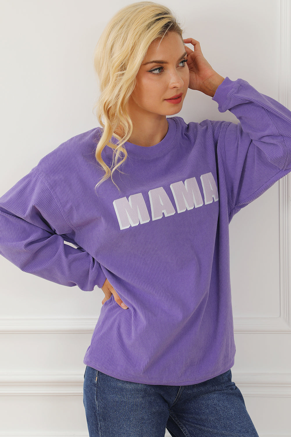 Sweat-shirt violet à col ras du cou côtelé MAMA