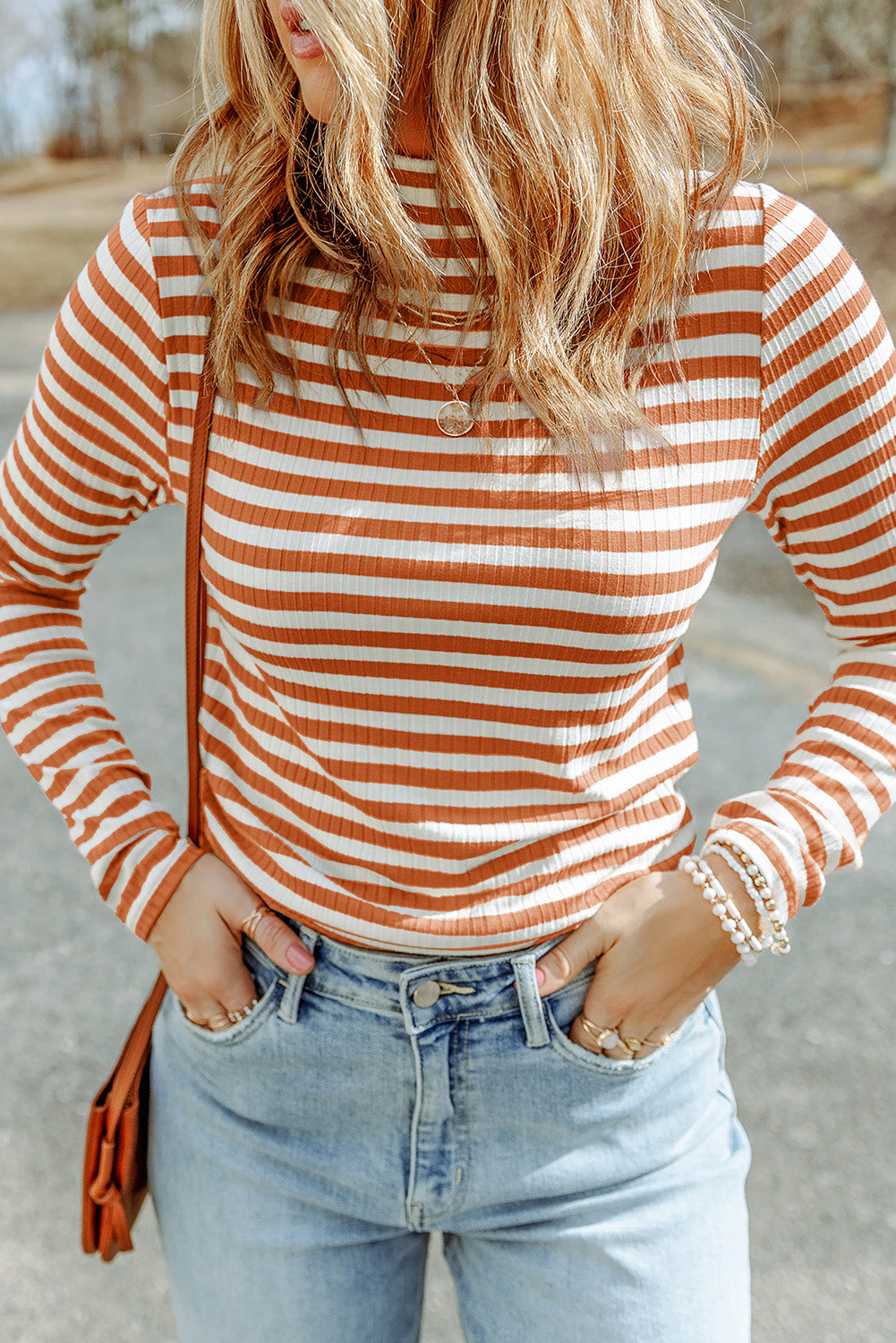 Strawberry Pink Striped Print Textured Knit Long Sleeve Tee