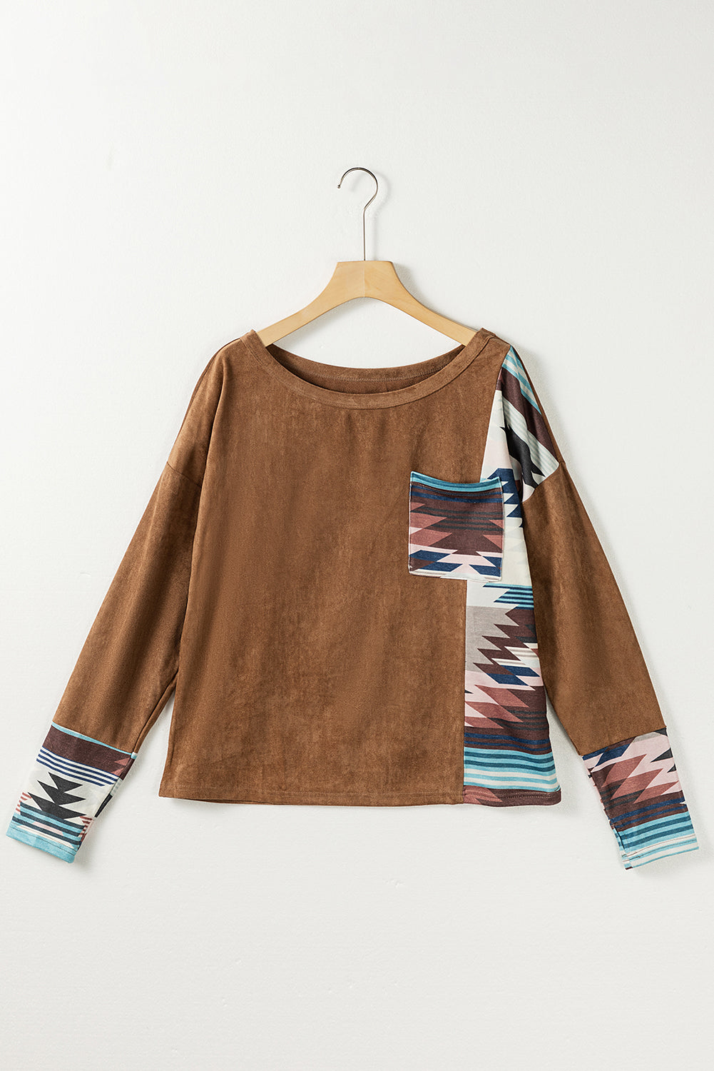 Brown Aztec Print Patchwork Chest Pocket Long Sleeve Top