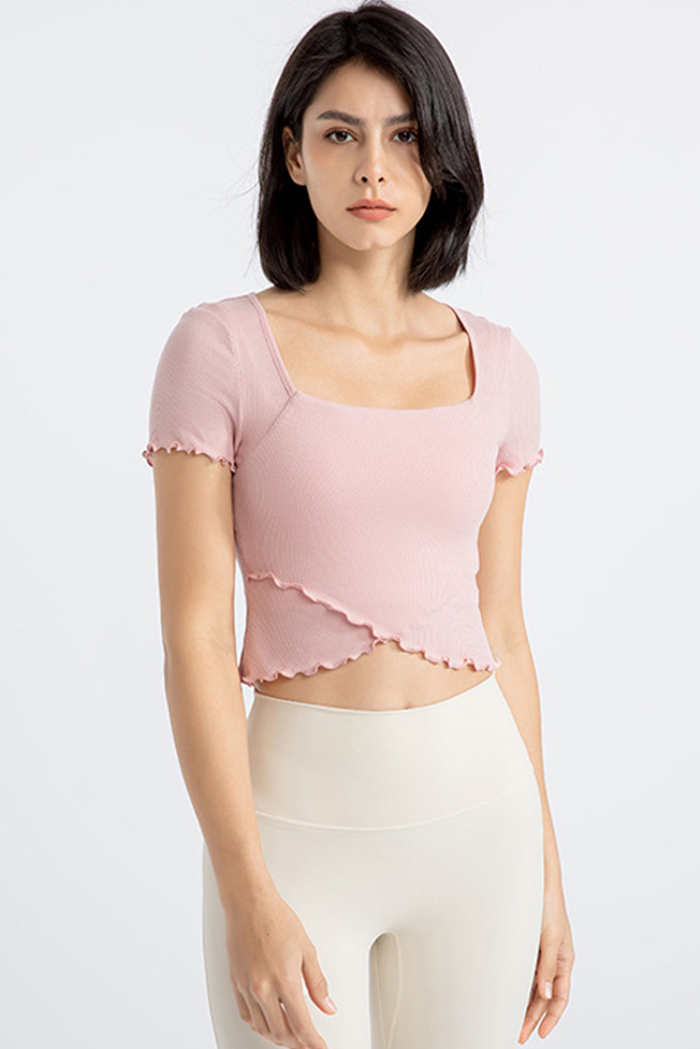 Light Pink Frilly Trim Crossed Hem Cropped Yoga Top