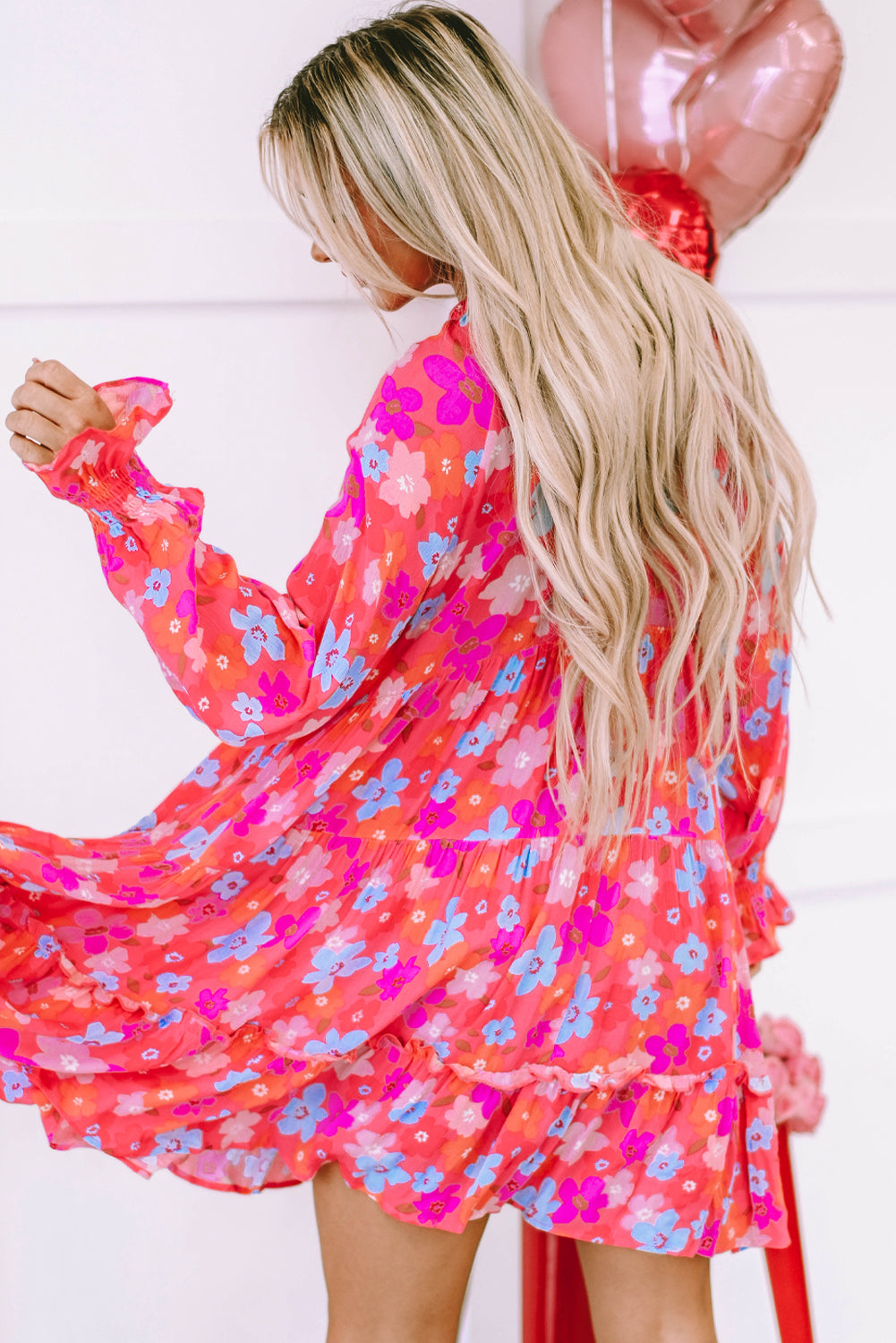 Raznobojna Babydoll haljina s cvjetnim mjehurastim rukavima