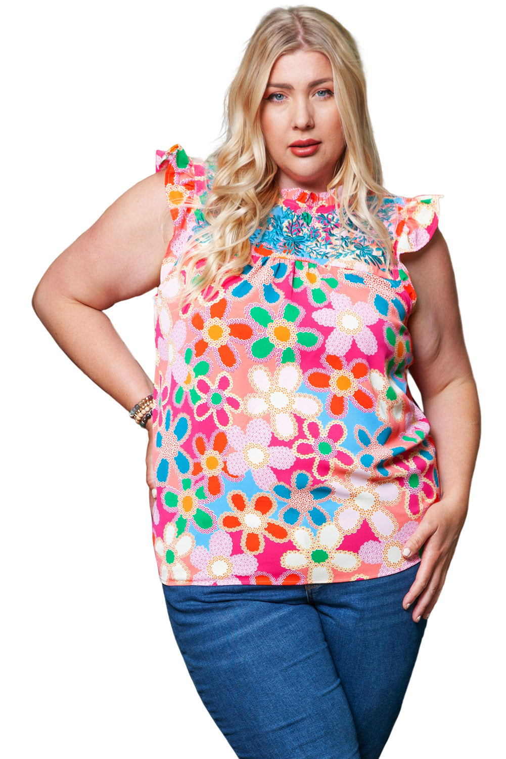 Višebojna majica s lepršavim rukavima s izvezenim cvjetnim motivima veće veličine