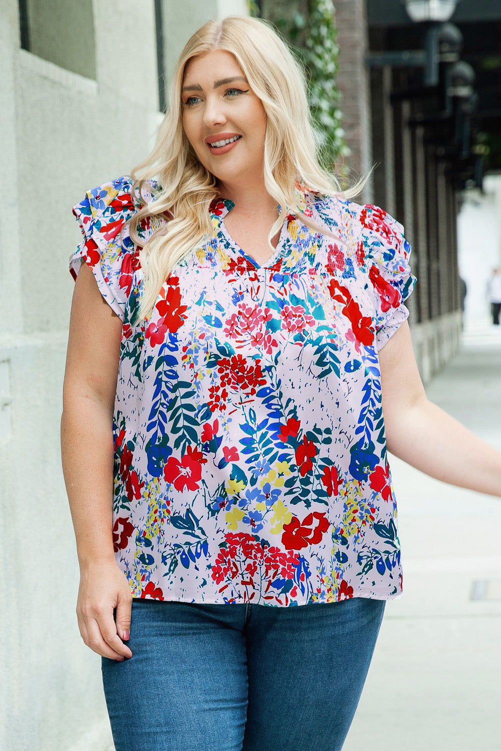 Fiery Red Plus Floral Print Ruffle Cap Sleeve V Neck Blouse