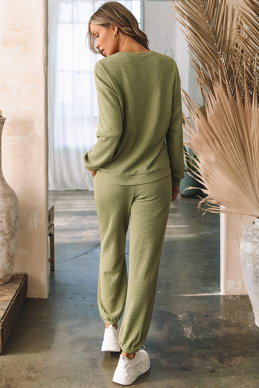 Set da jogging Laurel Green Waffle Knit a maniche lunghe con coulisse