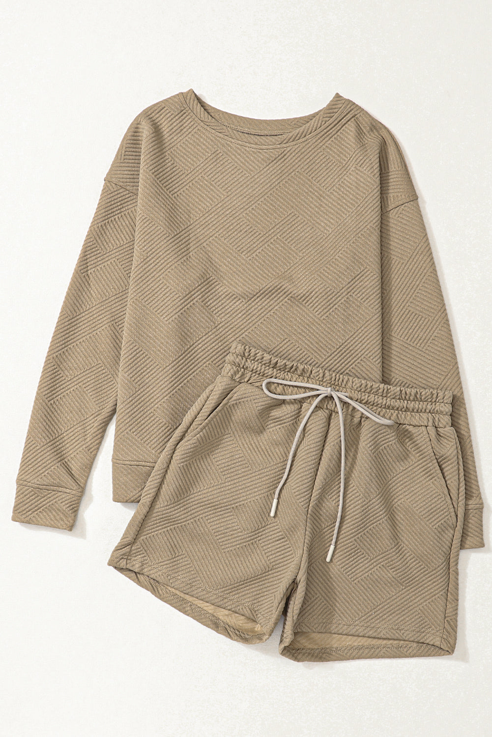 Pale Khaki Textured Long Sleeve Top and Drawstring Shorts Set
