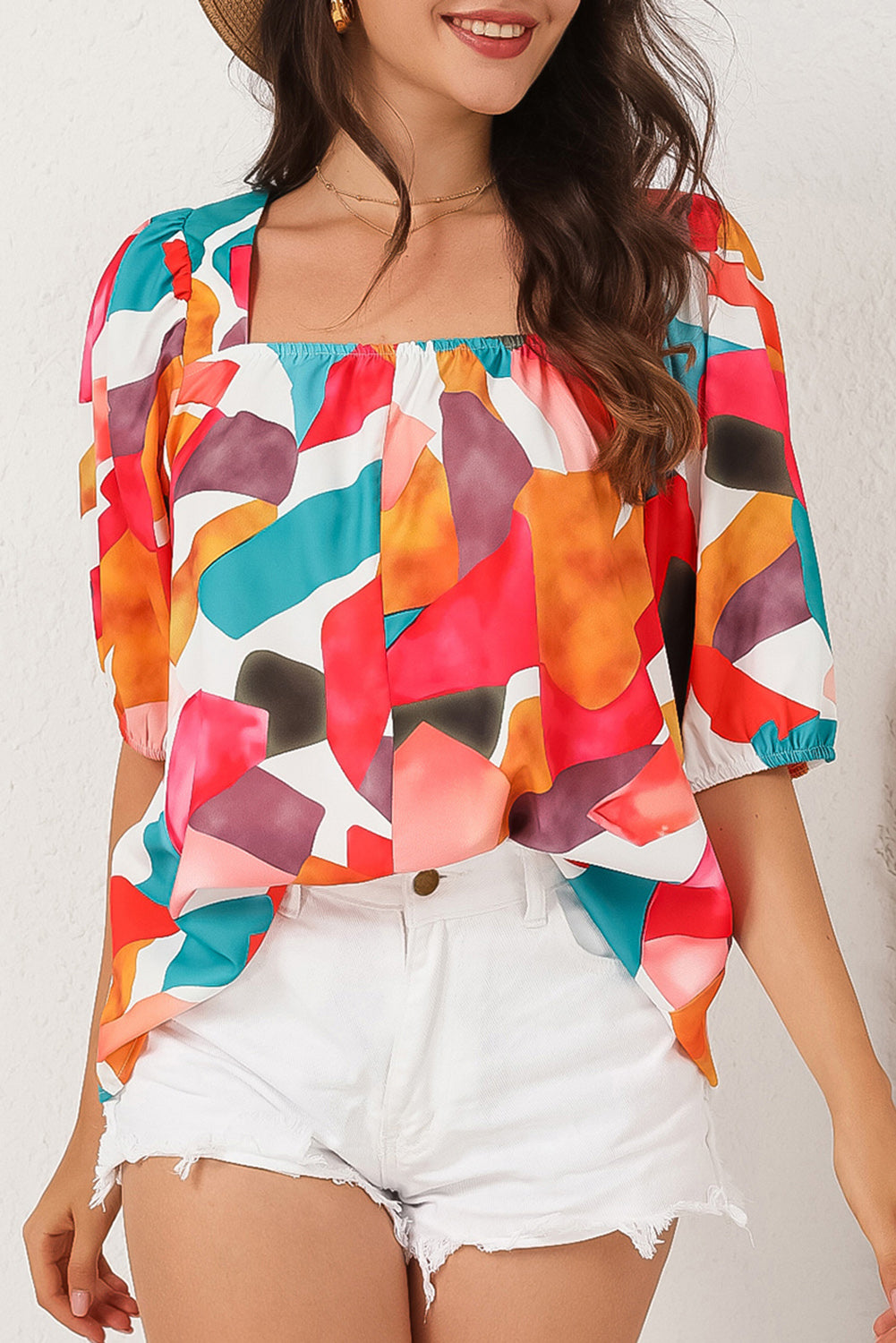 Multicolor Square Neck Abstract Print Short Sleeve Blouse