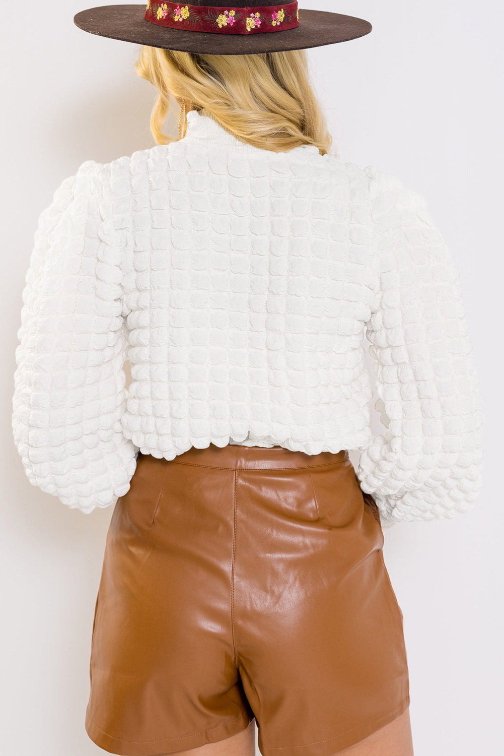 White Textured Smocked Mock Neck Puff Sleeve Top