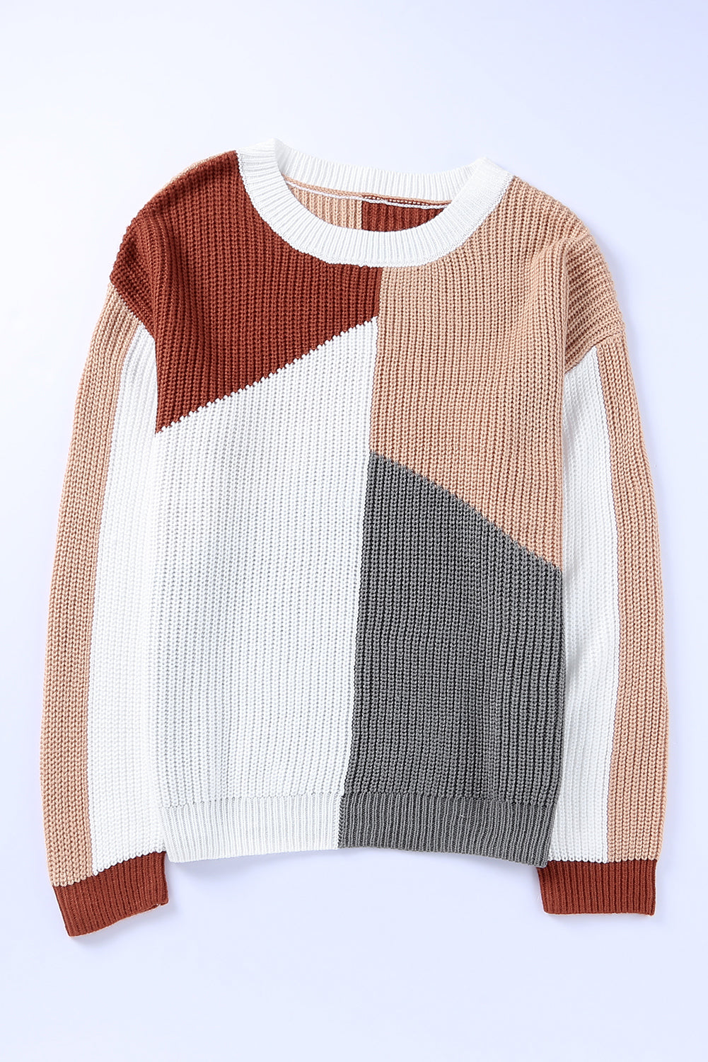 Večbarvni ohlapen pleten pulover v barvnih blokih