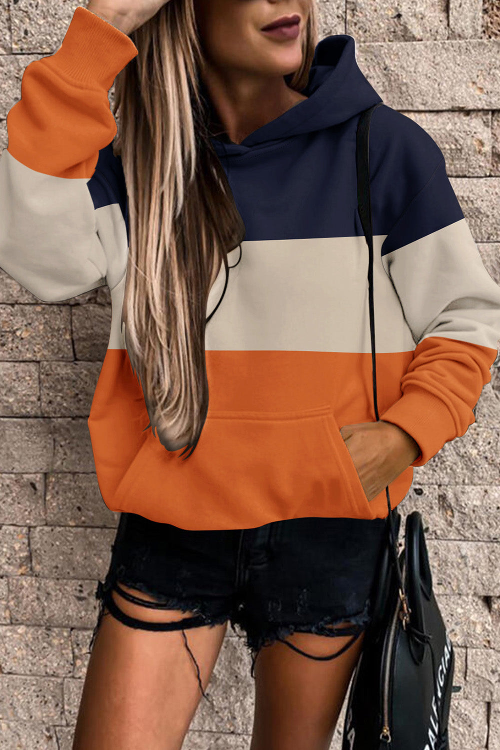 Siva triple color block hoodie s klokani džepom