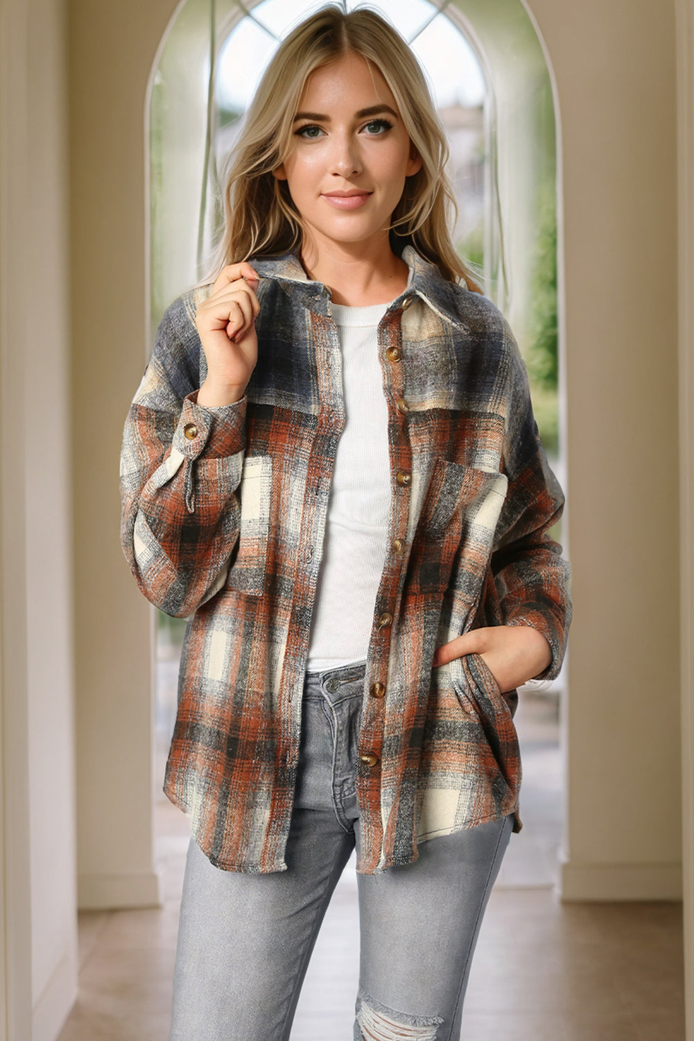 Brown Retro Plaid Button up Long Sleeve Shacket with Pockets