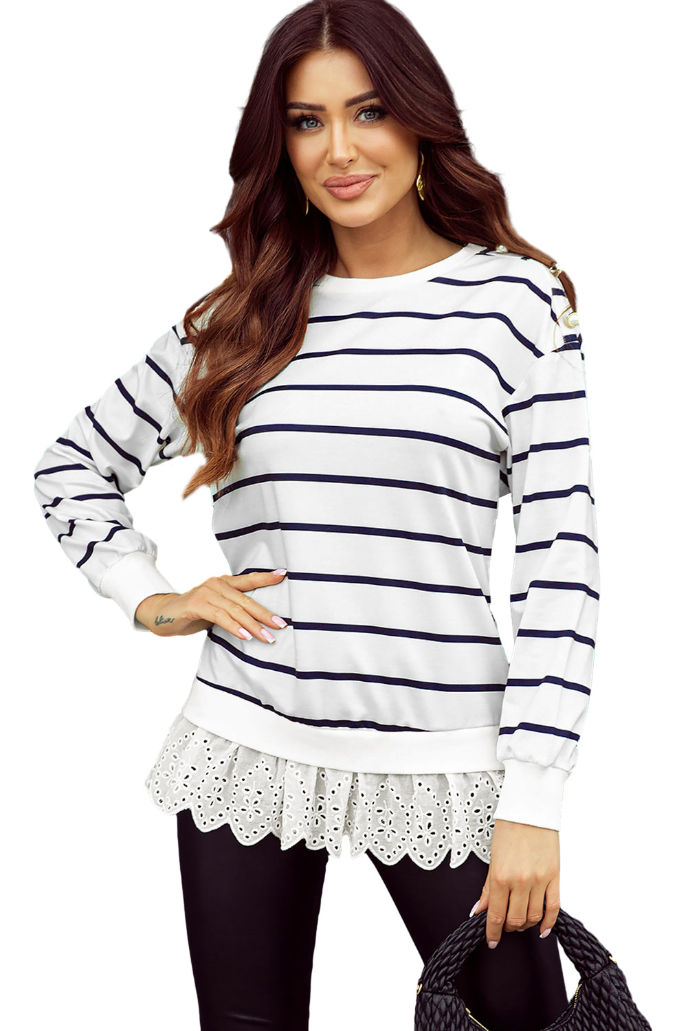 White Striped Button Dropped Shoulder Lace Splicing Top