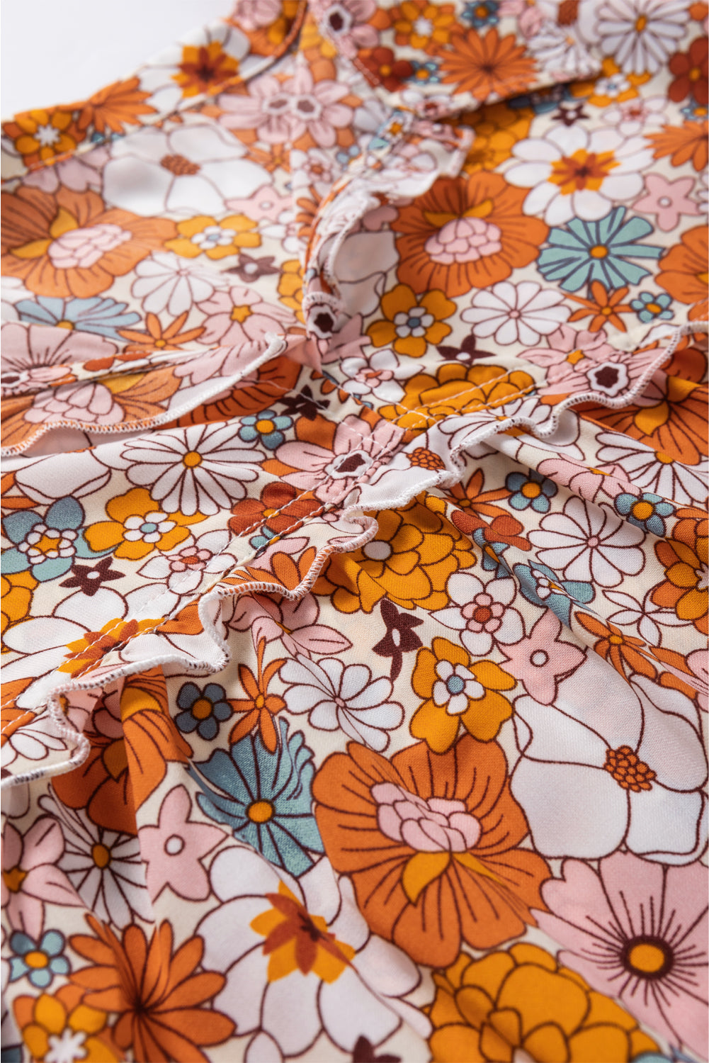 Orange Printed Split Neck Floral Pocketed Shift Dress
