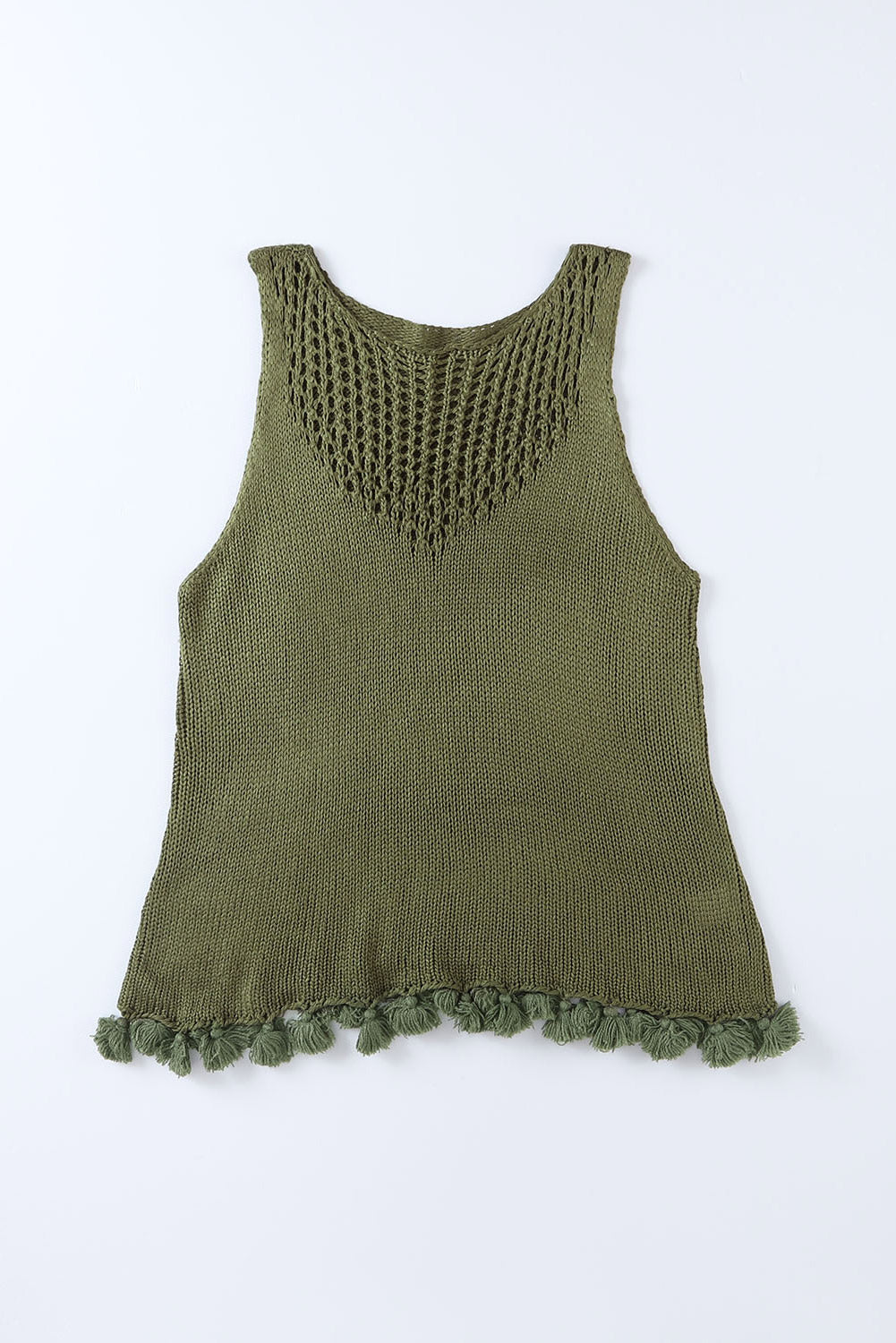 Débardeur vert en tricot ajouré au crochet à pompons