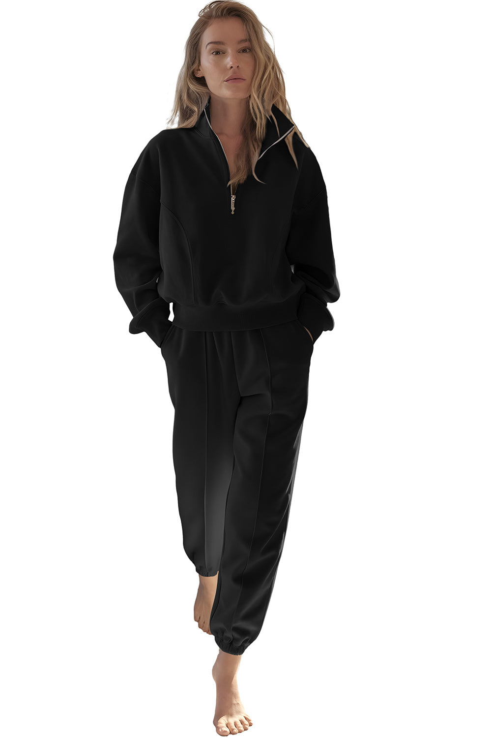 Set top attivo e jogging con pullover nero con mezza zip