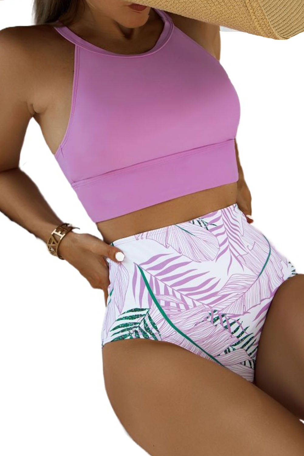 Lilafarbener, einfarbiger Neckholder-Bikini mit bedrucktem Träger und hoher Taille