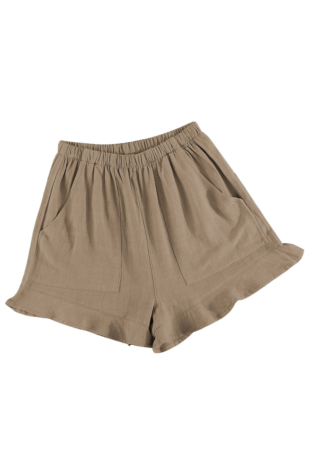 Khakifarbene Rüschenshorts mit hoher Taille und Taschen