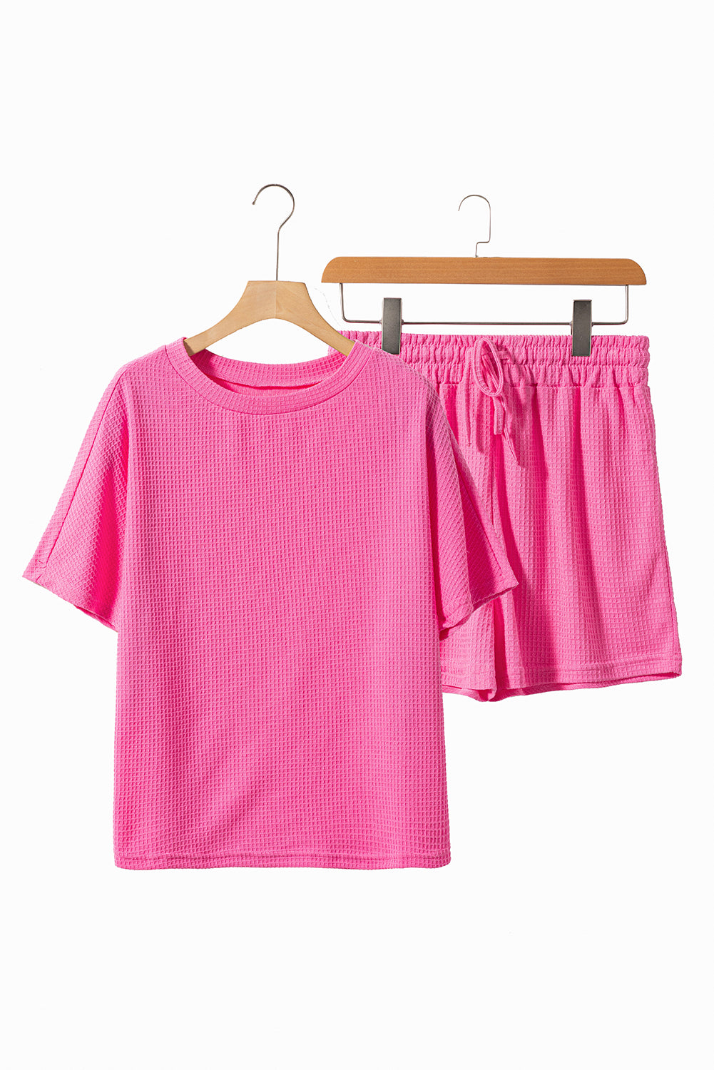 Set di maglietta testurizzata casual rosso rosa e pantaloncini con coulisse