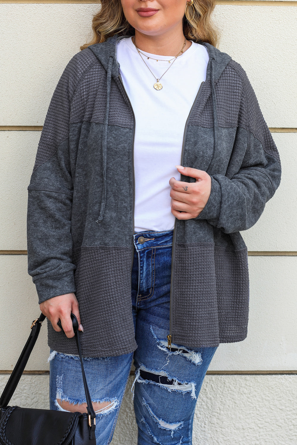 Gray Plus Size Waffle Knit Patchwork Washed Hooded Jacket