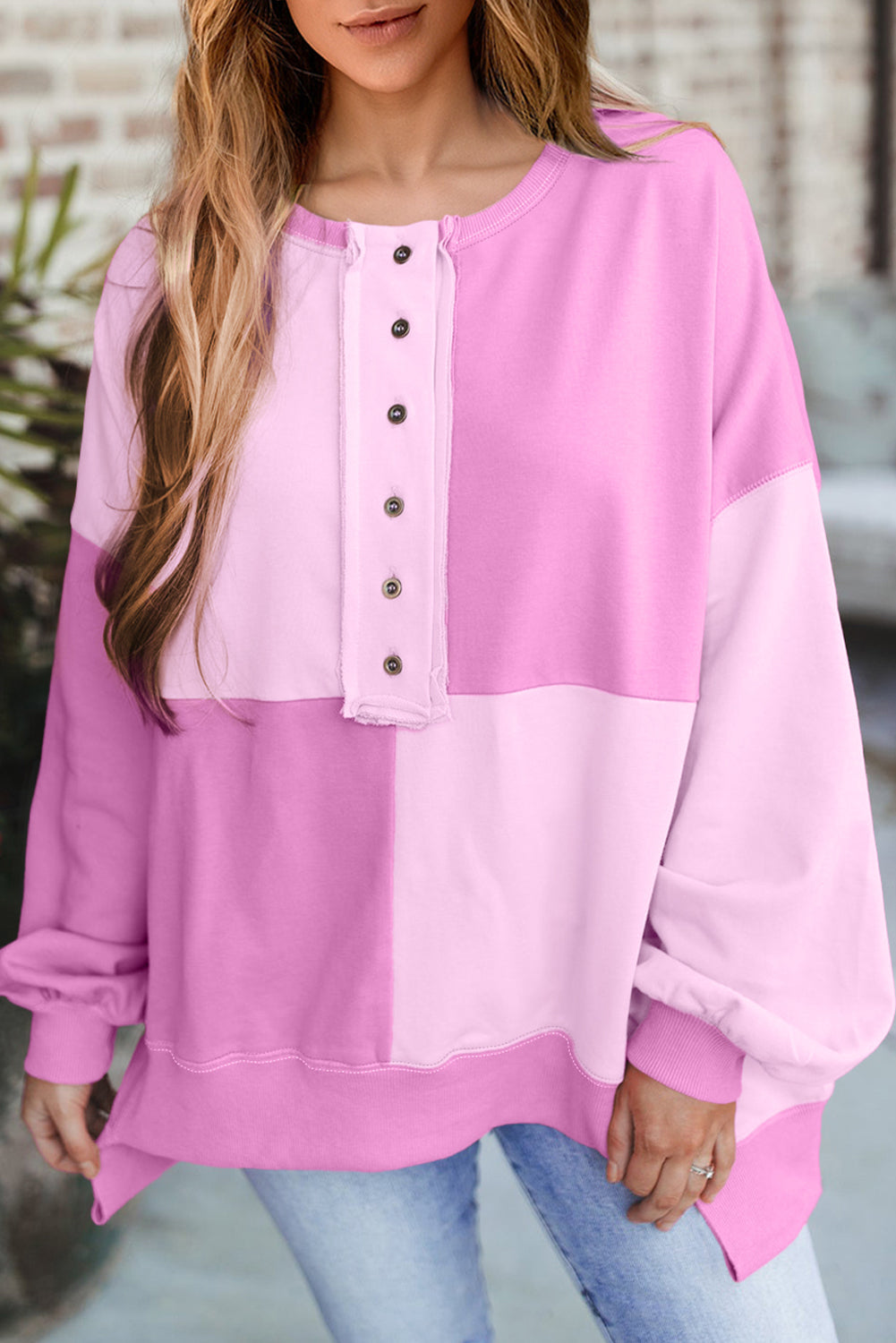 Sweat-shirt oversize rose color block Henley High Low