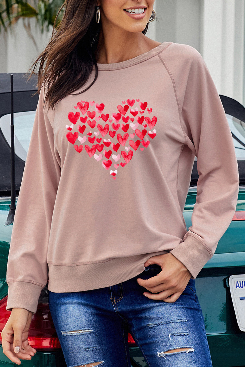 Pink Heart-shaped Print Crew Neck Long Sleeve Pullover Sweatshirt