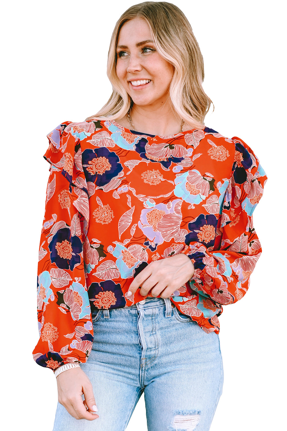 Ginger Floral Print Ruffle Puff Sleeve Blouse