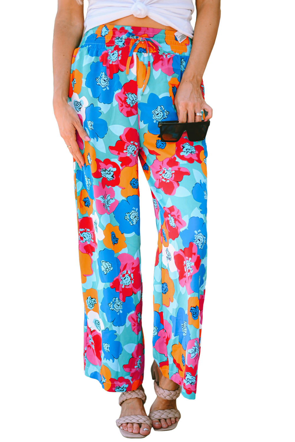 Pantaloni con cintura ampia con coulisse e stampa floreale astratta multicolore