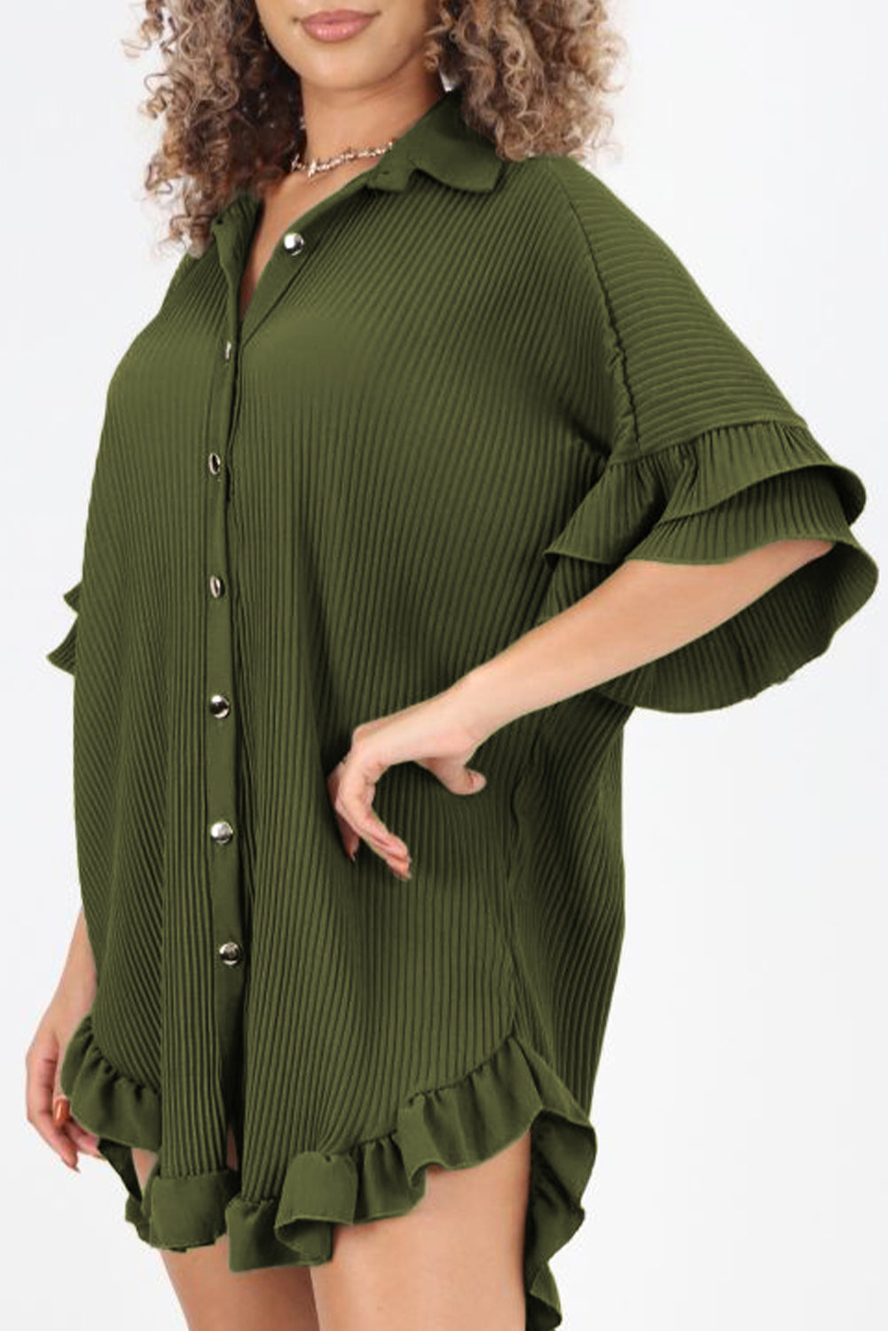 Moss zelena naborana srajčna obleka z visokim in nizkim robom z naborki