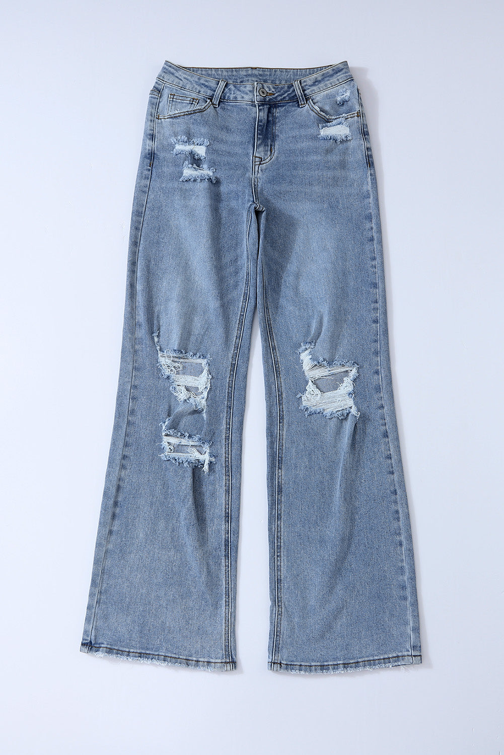 Himmelblaue Destroyed-Jeans mit weitem Bein und offenem Knie