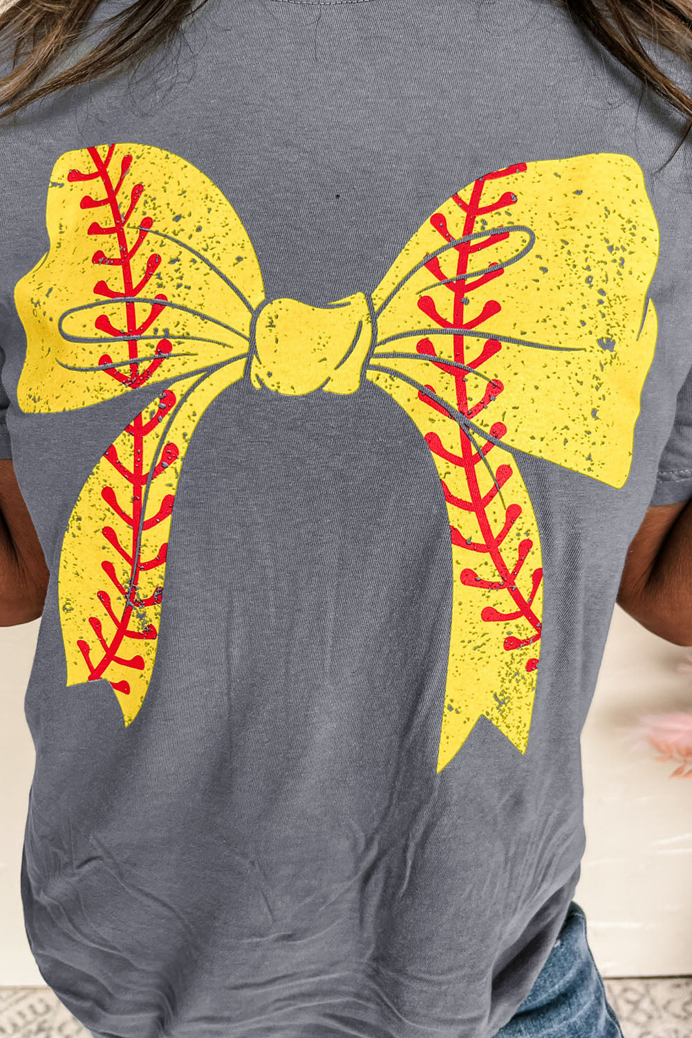 Rosarotes Baseball-Bowknot-Grafik-Freizeit-T-Shirt