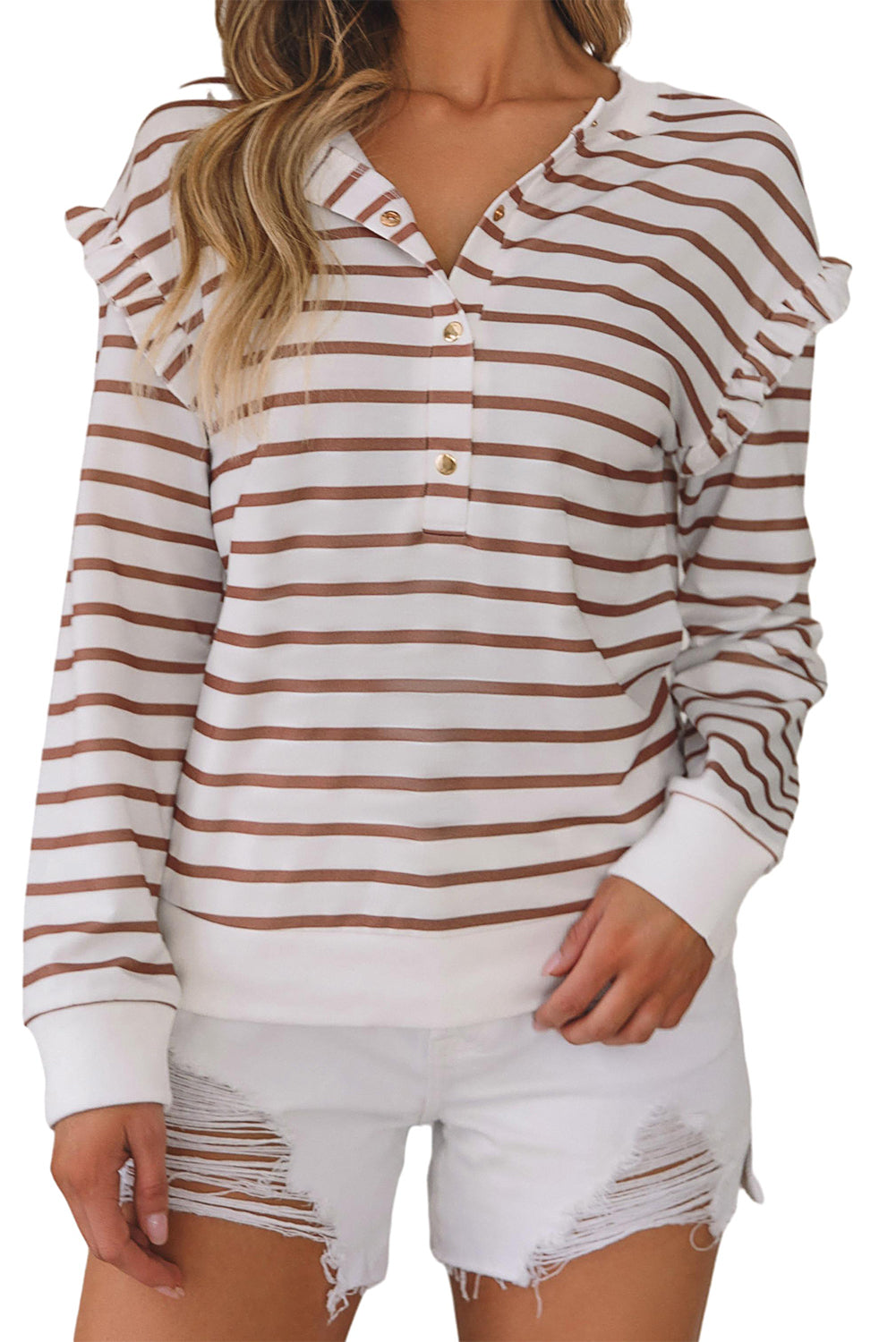 Brown Striped Ruffled Sleeve Buttoned Half-Placket Top