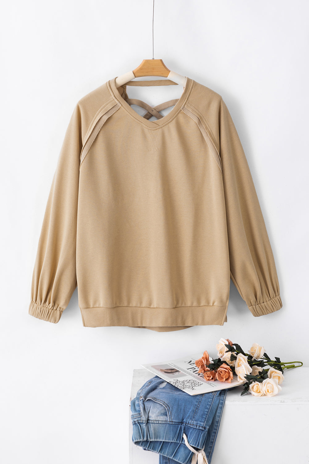 Light French Beige Solid Color Lattice Hollow Out Back Sweatshirt