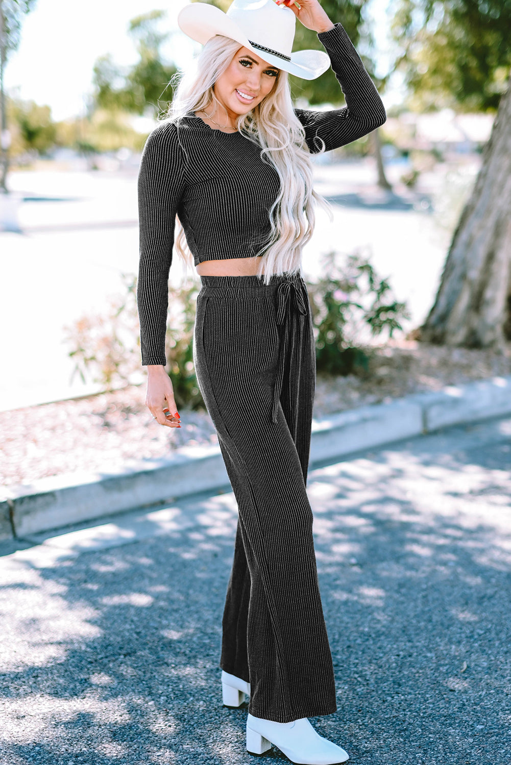 Carbon Grey Corded Long Sleeve Top Wide Leg Pants Set