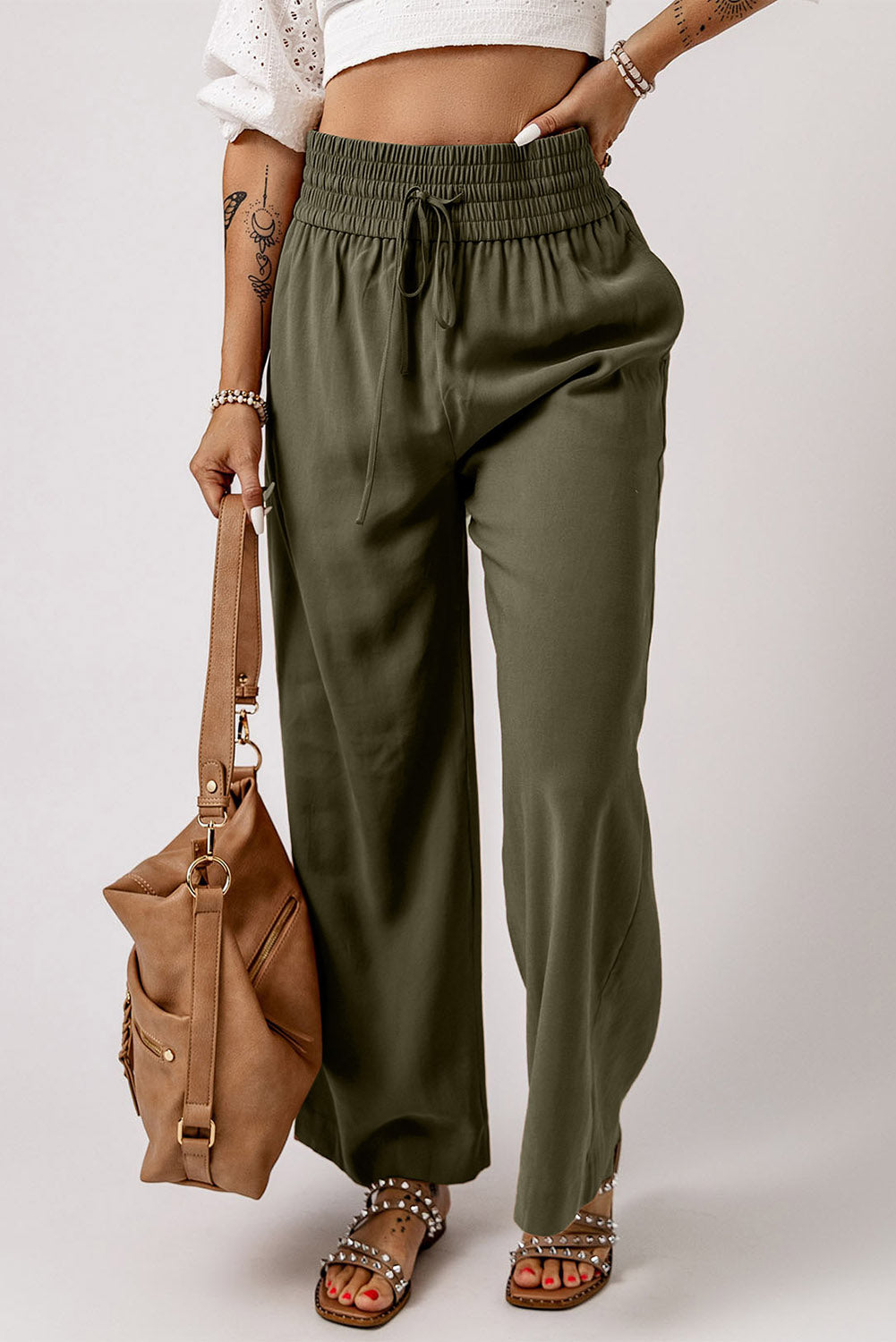 Pantaloni larghi casual con coulisse in vita elastica verde marrone