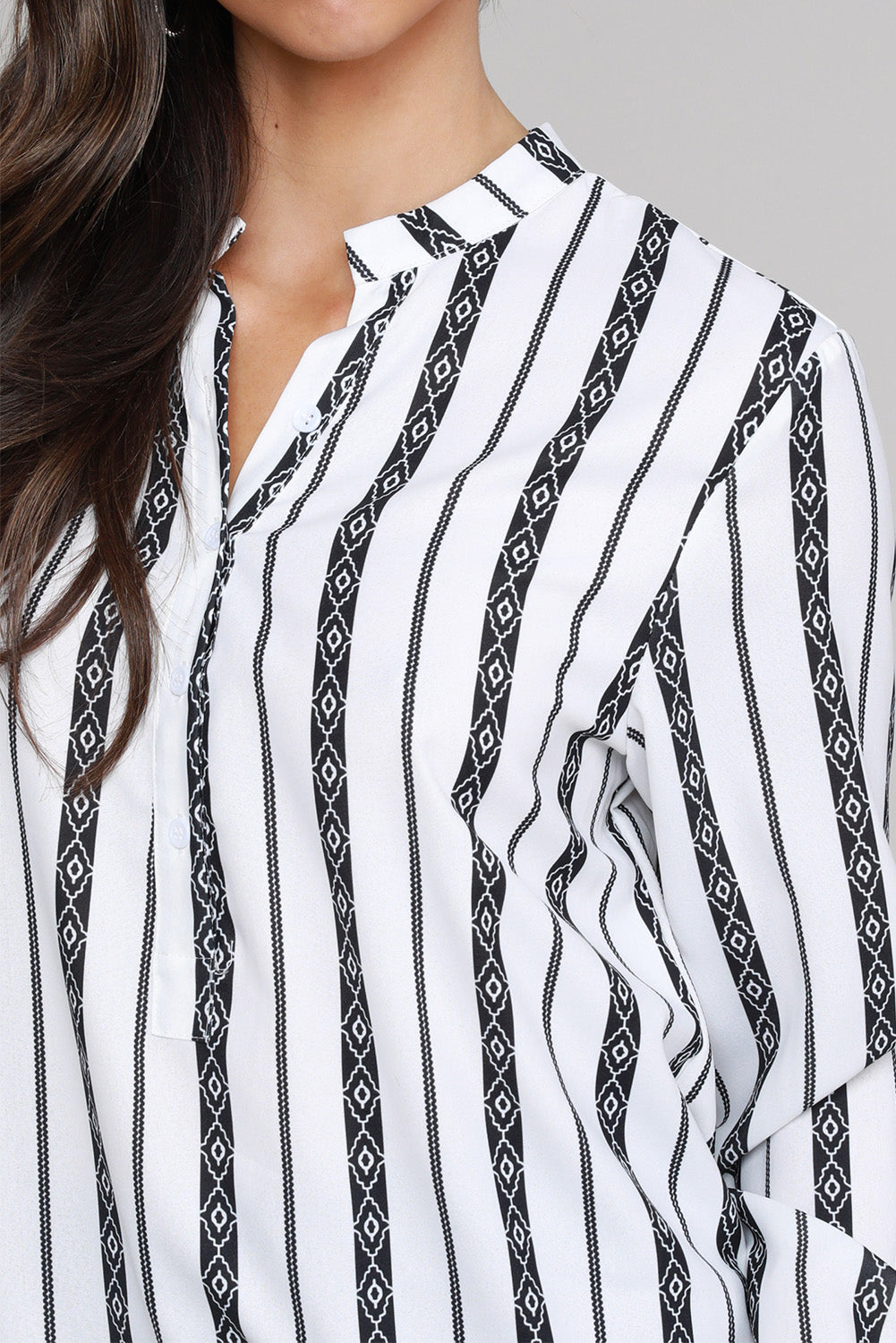 Black V Neck Striped Button Down Blouse