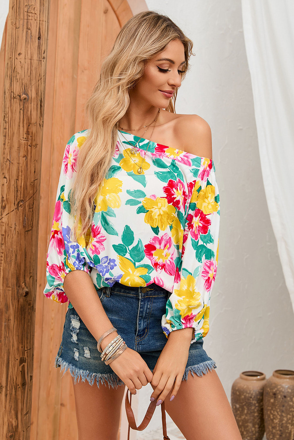 White Water Painting Flowers Puff Sleeve Blouse