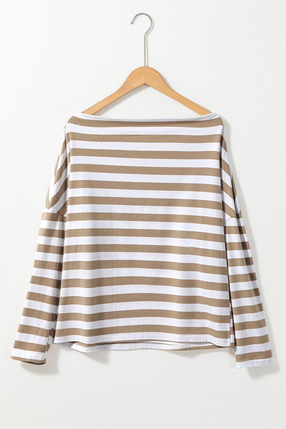 Khaki Striped Boat Neck Long Sleeve Top