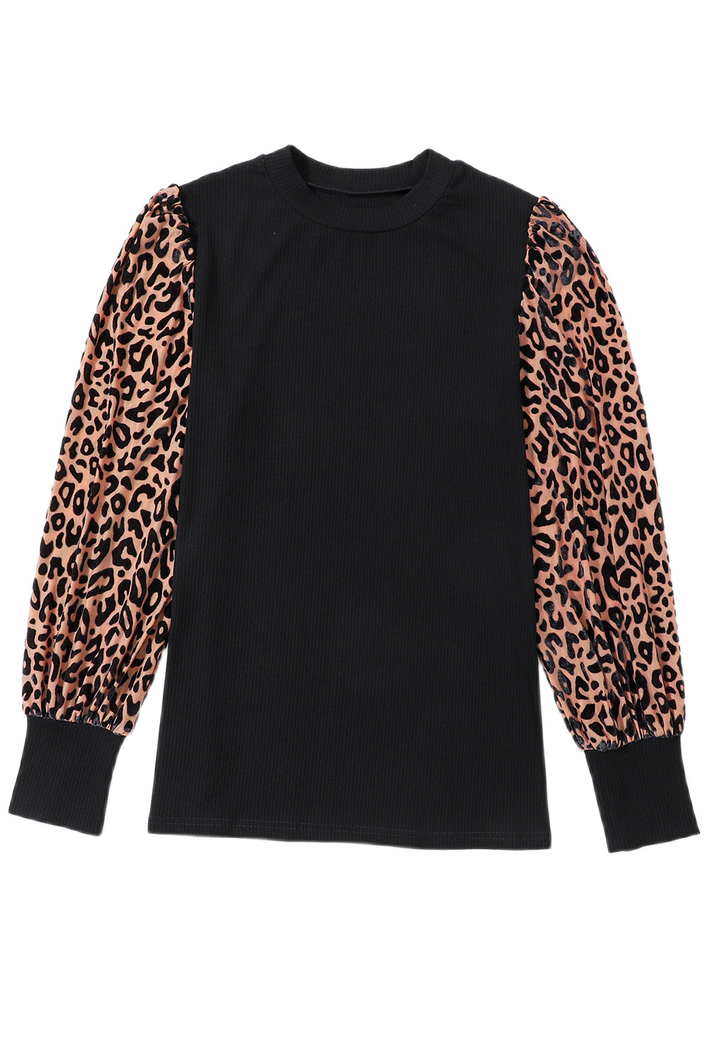 Rebrasta pletena bluza z dolgimi rokavi v mareličnem leopardjem tisku