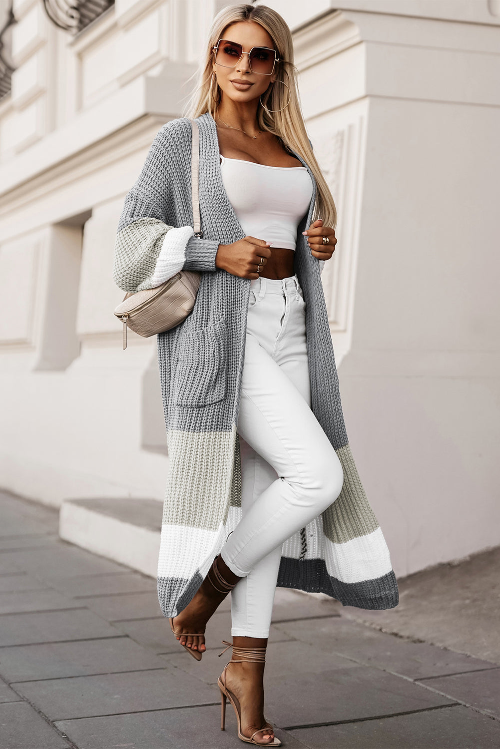 Cardigan gris color block en tricot torsadé avec poches latérales