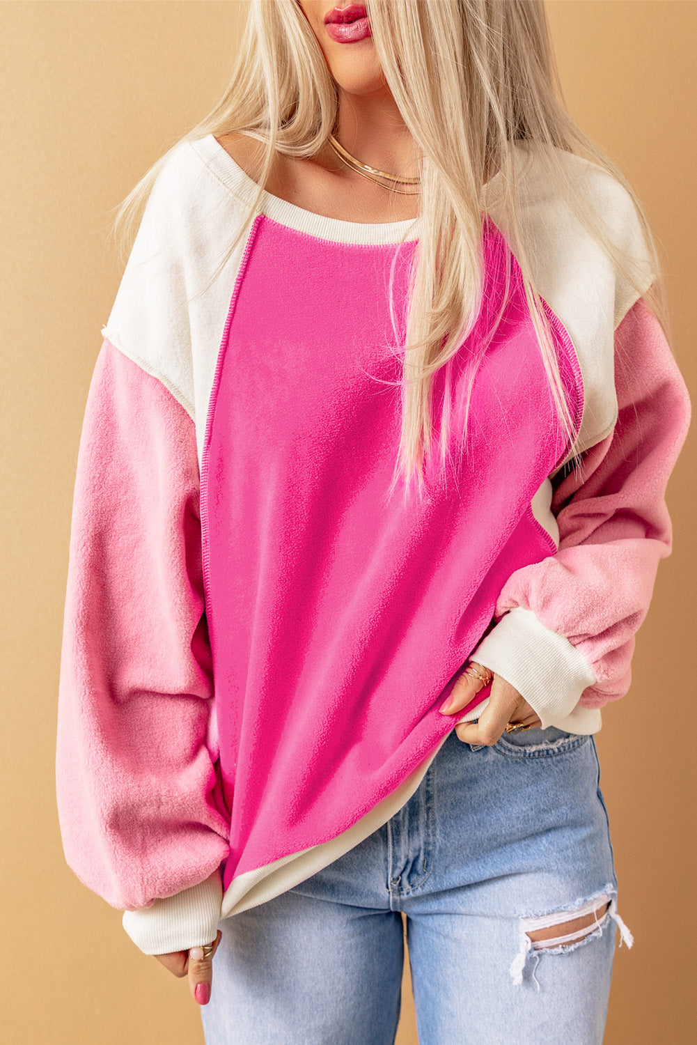 Langärmliges Pullover-Fleece-Sweatshirt mit Rosen-Farbblock