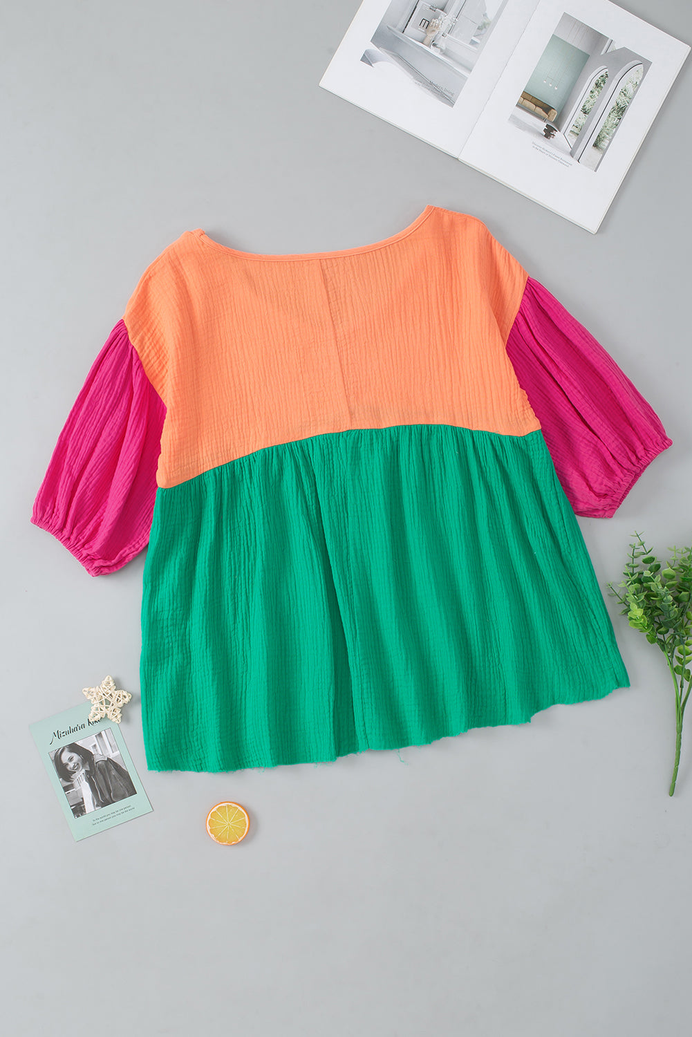 Multicolor Crinkle Bubble Sleeve Color Block Blouse